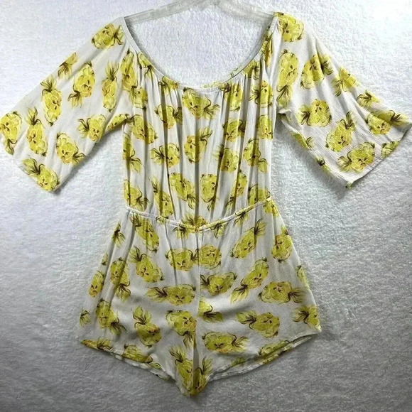 White House Black Market Pineapple print romper L Off Shoulder tie belt tassels - Picture 4 of 15